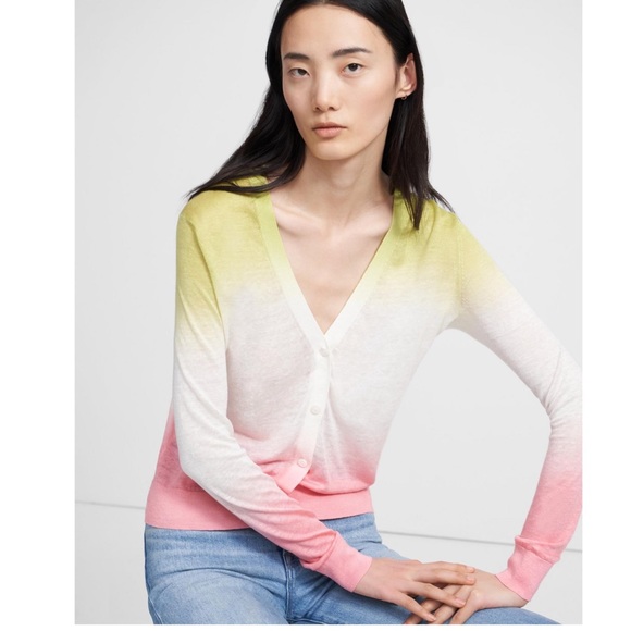 Theory Dual Ombre Cardigan in Pink and Green Ombre Linen- Viscose Medium NWT - Picture 2 of 16